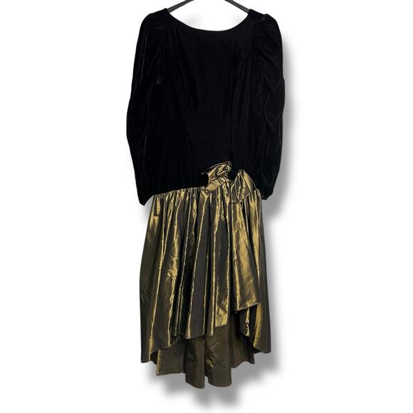 Vintage 80s Sz 10 Black Velvet Gold Iridescent Taffeta Drop Waist Evening Dress - Picture 1 of 11
